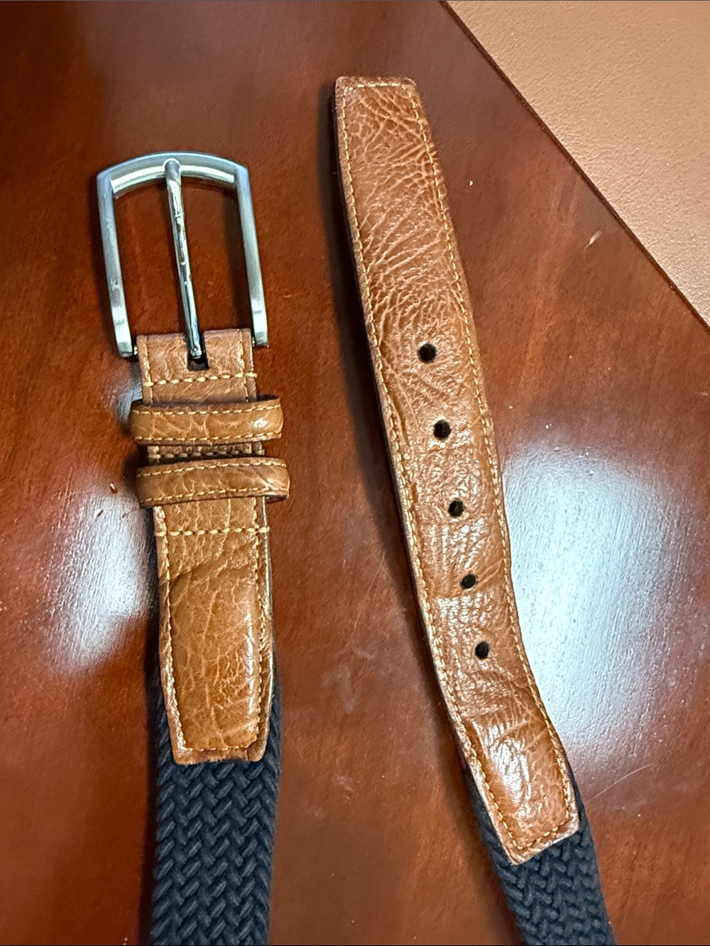 Torino Cotton Elastic Men's Belt in Black with Brown Leather Trim (scuff/ buckle